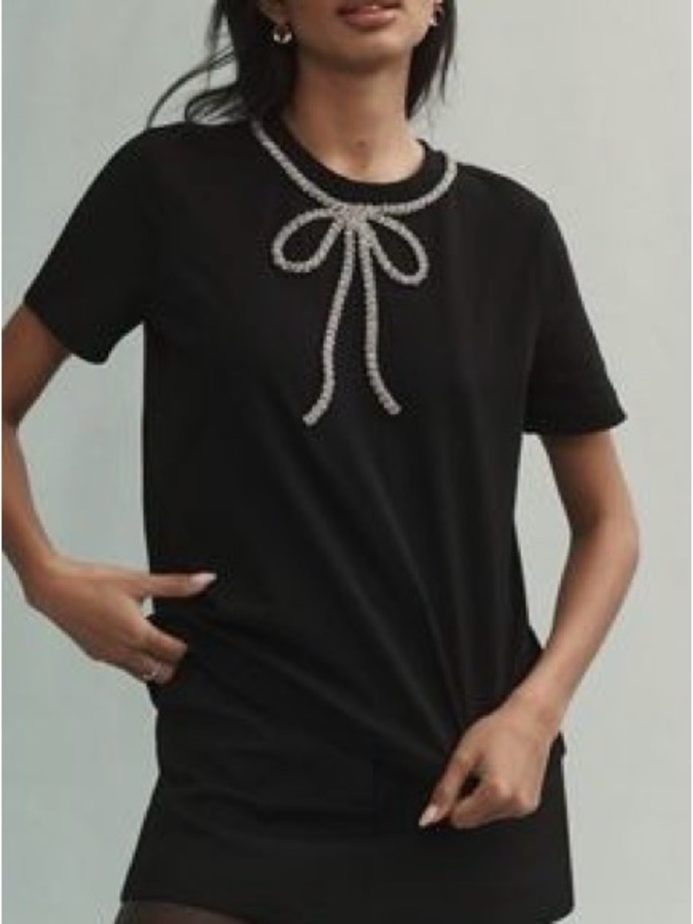 Maeve Black Short Sleeve Tee with Beaded Bow ~L